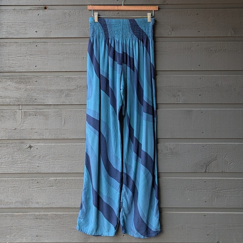 Lotus and Luna Shades of Blue Swirly Palazzo Pants Smocked Waist Thai SM/MED